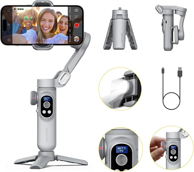 AOCHUAN Gimbal Stabilizer for Smartphone, 3-Axis Portable iPhone Gimbal w/OLED Display for iPhone/Andriod, Phone Gimbal with Face/Object Tracking for Tiktok YouTube Vlog-Smart X Pro Gray by AOCHUAN