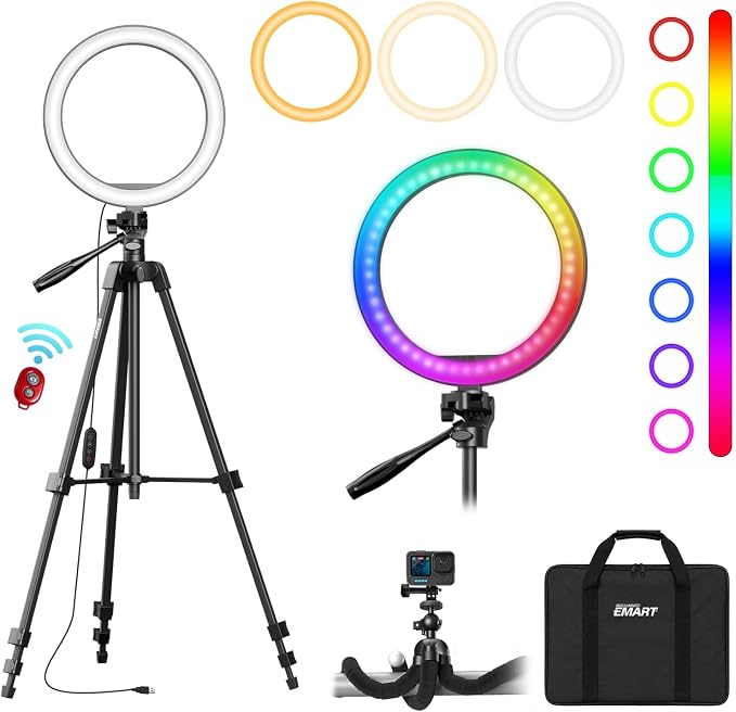 EMART 10'' Ring Light with 55'' Extendable Tripod Stand & Phone Holder | 16 RGB Colors Modes, 10 Dimmable Levels LED Circle Selfie Lights with Wireless Remote for Makeup, Streaming, YouTube, TikTok by EMART