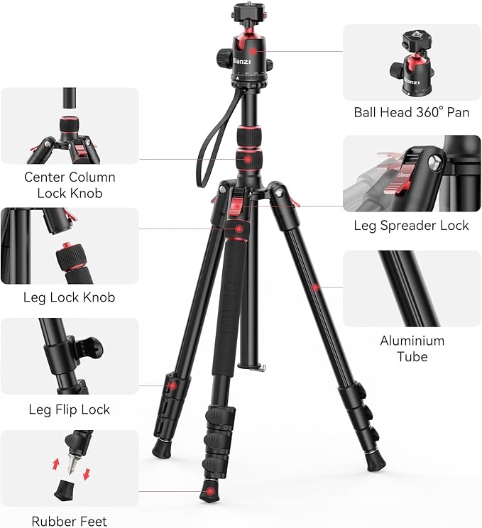 ULANZI TT31 72.4" Claw Quick Release Aluminum Camera Tripod & Monopod, Panorama 360° Ball Head Detachable w 180°Revertible Legs, Up Load 8.82lb, for Sony/Canon/Nikon/Fujifilm and More - Image 8