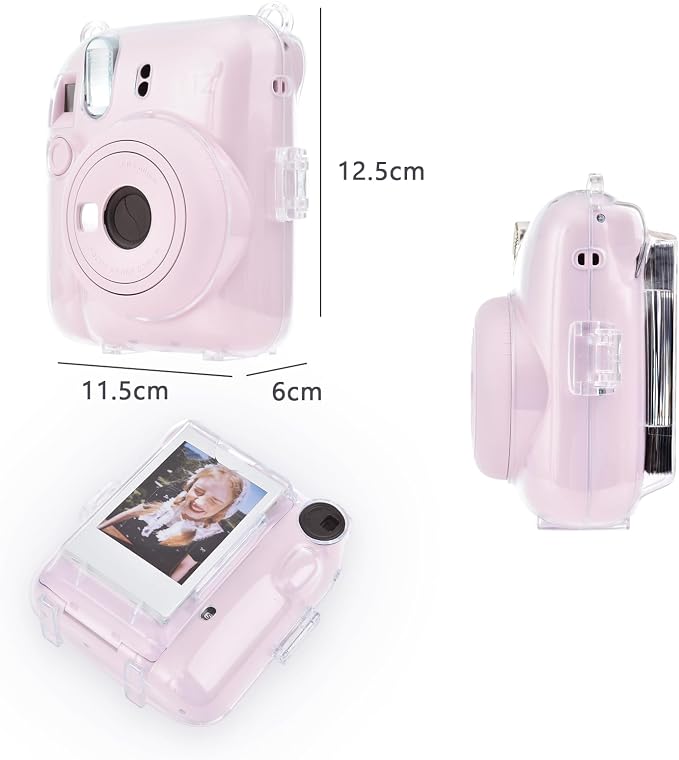 Rieibi Clear Case Compatible with Fuji Instax Mini 12, Carrying Case Bag for Fujifilm Instax Mini 12 Instant Camera with Photo Storage Pocket, Strap and Cute Sticker - Pink - Image 3