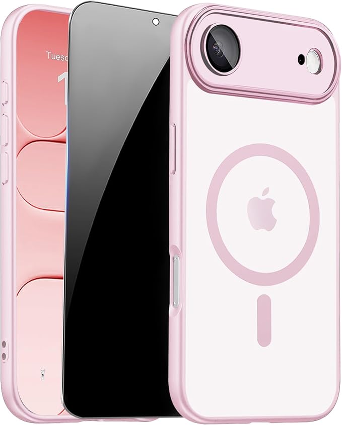 for iPhone Air Case with Privacy Screen Protector, Pink | Full Camera Protector, Magnetic, Compatible with MagSafe, Translucent Matte Phone Cover for iPhone 17 Air Case Women Girls by ZOZDOKG