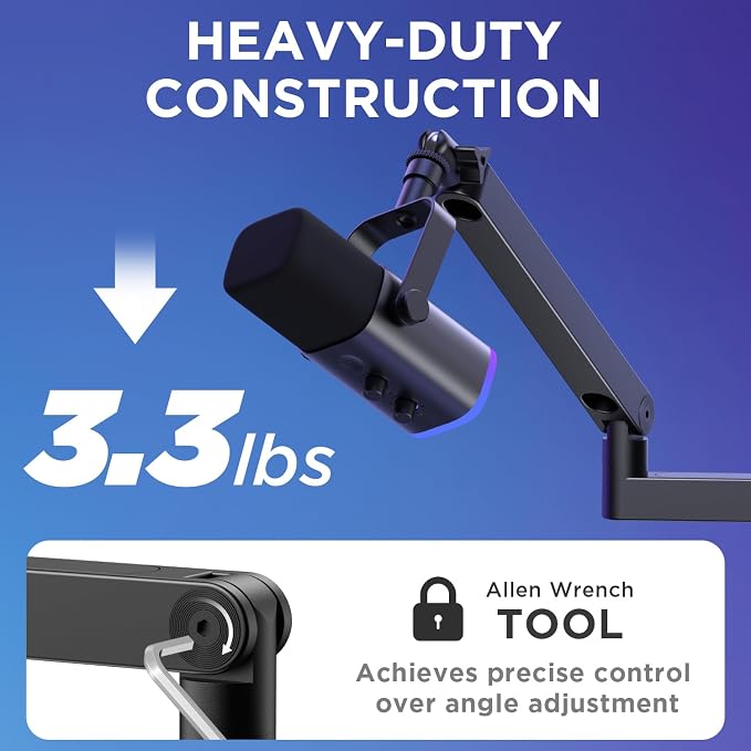 InnoGear Low Profile Mic Arm Boom Arm Microphone Stand Desk Mount, Black | for Fifine AM8 K669B Elgato Blue Yeti Shure SM58 SM7B, 3.3lb Weight Capacity, Vibration Resistant, Adjustable Angle - Image 7