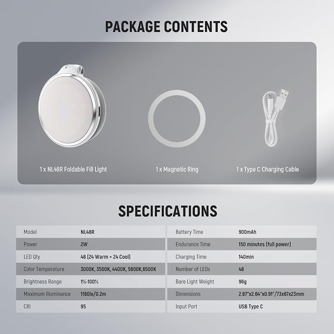 NEEWER Basics Magnetic LED Selfie Light Compatible with MagSafe iPhone, Desk Stand Phone Holder with Makeup Mirror 1160lx/0.2m 900mAh CRI95 Fill Lighting for Video Recording Streaming, White NL48R - Image 9