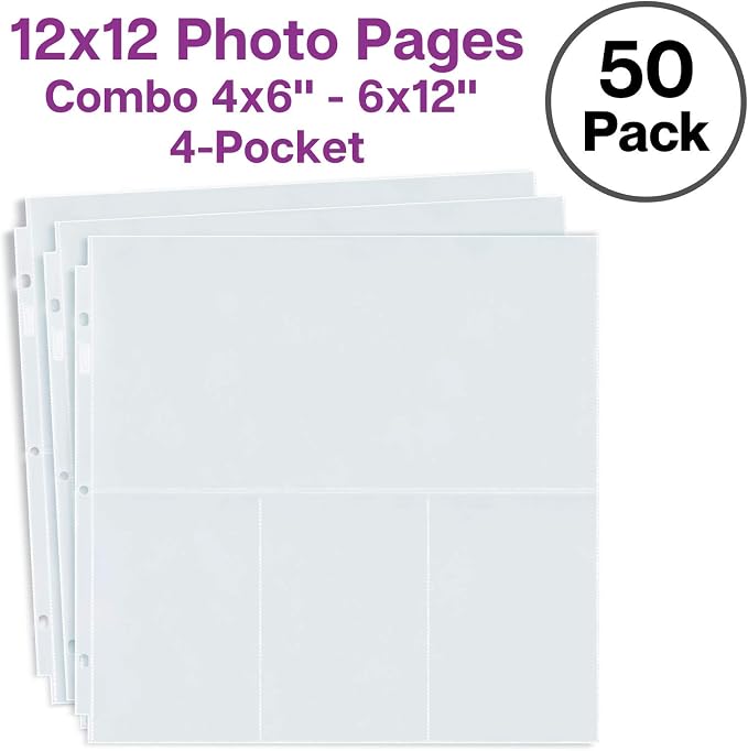 Dunwell 12x12 Scrapbook Page Protectors, 50 Pack, Fits 3-Ring Scrapbook Album Binder, Combo Layout Holds 300 4x6 Vertical Photos Plus 6x12 Top Pocket, Acid-Free Poly 12x12 Scrapbook Page Protectors - Image 7
