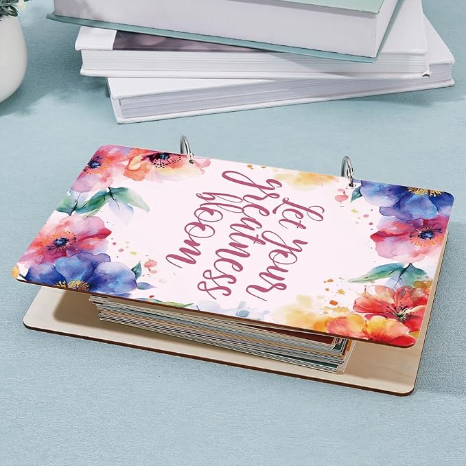 SUPERDANT Let Your Greatness Bloom Wooden Loose Leaf Watercolor Floral Design Journal Card Keeper Motivational Text Planner Card Holder Elegant Greeting Card Organizer Photo Album with 2-Rings - Image 7