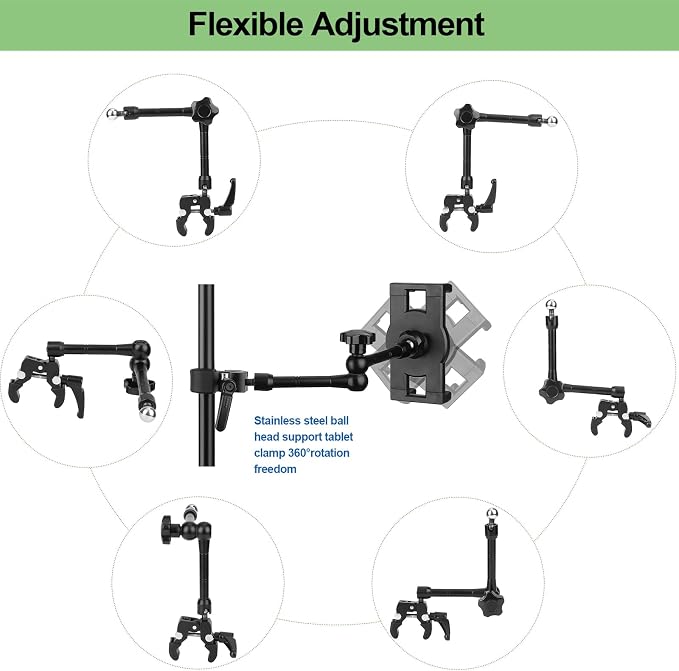 Mippko iPad Holder for Microphone Stand/Mic Music Stand,Tablet Mount Compatible with 4.7~12.9" / Nexus/LG G Pads/e-Reader/Switch/iPhone,360° Adjustable 10" Long Aluminum Alloy Arm - Image 6