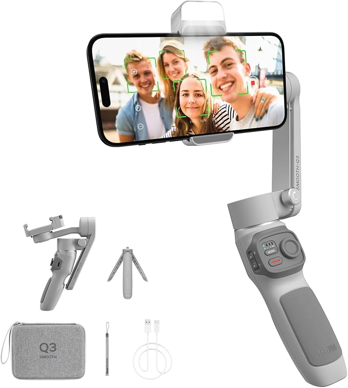 Zhiyun Smooth Q3 Combo, 3-Axis Phone Gimbal with Fill Light and Gimbal Bag, Portable & Foldable, Gesture Control, Video Recording, Auto Tracking Gimbal Stabilizer for Smartphone for iPhone & Android | Portable & Foldable, Gesture Control, Video Recordi... by ZHIYUN