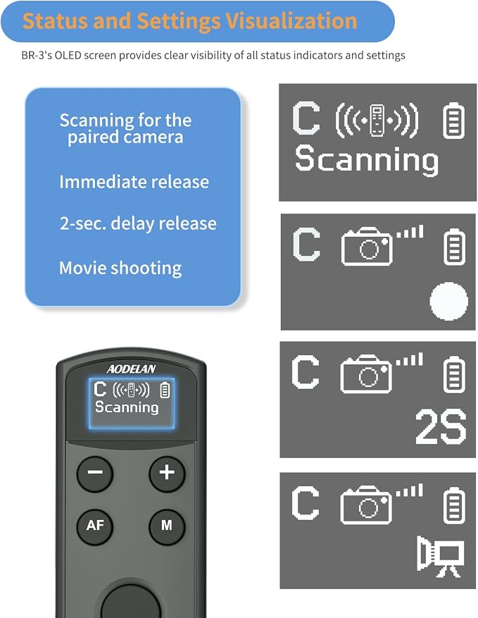 Aodelan for Canon Wireless Rechargeable Camera Remote Control | Camera Shutter Release with OLED Screen for R3/ R10/ M50/ EOS M6 Mark II/R/RP/90D/6D Mark II /R5/T7i;Replaces canon BR-E1 - Image 6