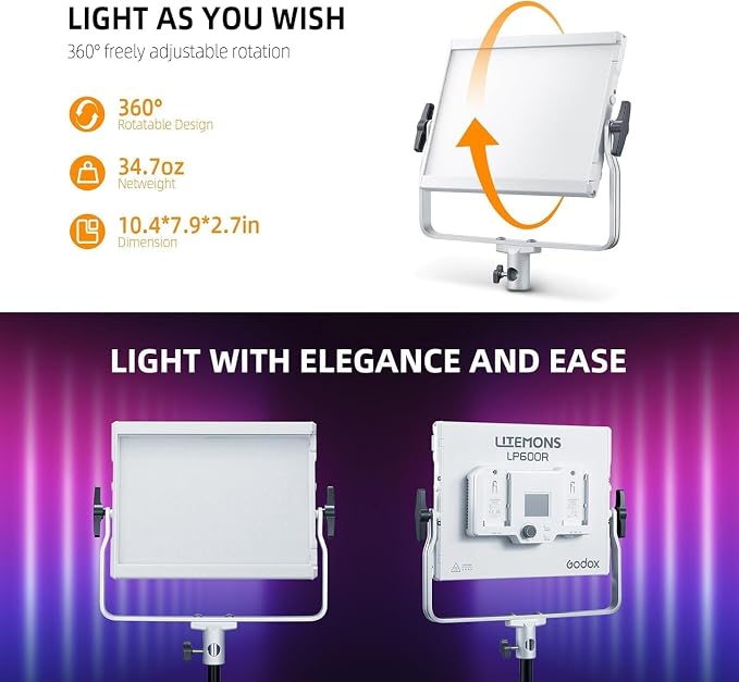 Godox LP600R RGB LED Video Light with Barndoor, 60W 1800K-10000K 9270Lux LED Panel Light with 14 FX Effects APP Control CRI/TLCI 96+ Dimmable 0-100% Studio Soft Light for Photography - Image 4