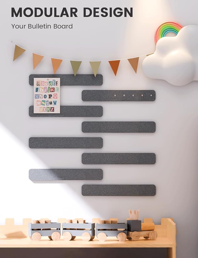 Fluxynara 13" x 2" Felt Wall Panels, Charcoal Gray | 8-Pack Includes 50 Push Pins and Adhesive Tabs for Photos, Notes and Decor in Bedroom Doors, Home Office or Studios - Image 5