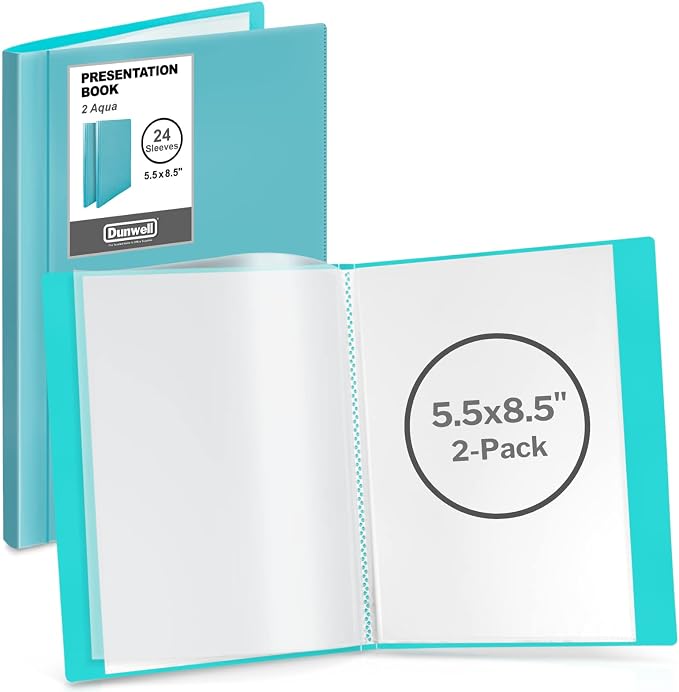 Dunwell Small Presentation Book 5.5x8.5 (2-Pack, Aqua), 24 Pockets Display 48 Half Size Pages, Plastic Binders with Sleeves, 5.5 x 8.5 Mini Booklets, Acid-Free Poly | Acid-Free Poly, Displays 48 Pages, Tear-Resistant Sleeves, Ideal for Documents & Artwork by Dunwell