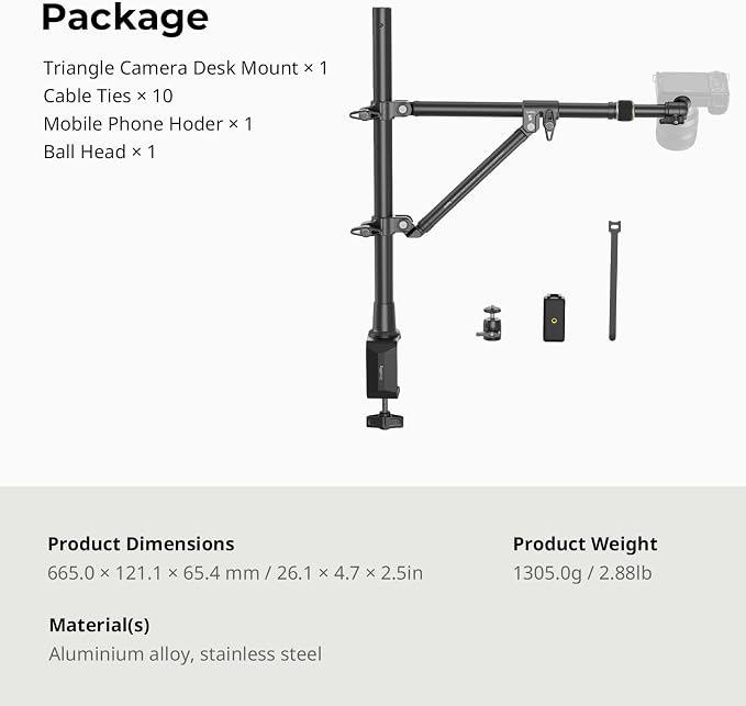 SMALLRIG Triangle Camera Desk Mount, Overhead Desk Clamp Phone Mount | with Auxiliary Support Rod, with Phone Holder & Ball Head for Camera/Phone/Light/Webcam, Max Load 6.6lbs - Image 9