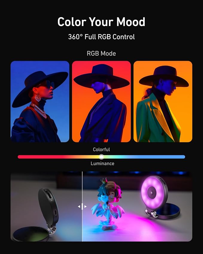 TELESIN Upgraded 4-in-1 Magnetic RGB Selfie Ring Light with Mirror & Phone Stand, Rechargeable Portable Clip On Fill Light for iPhone Samsung TikTok, Vlogging, Makeup, Photography, Streaming (Black) - Image 5