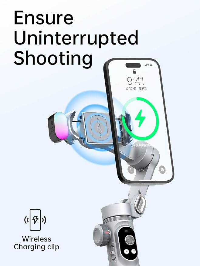 AOCHUAN iPhone Gimbal, 3-Axis Gimbal Stabilizer for Smartphone w/RGB Magnetic Fill Light Portable with Fous/Zoom Wheel for Vlog, Compatible with iPhone 15 Pro Max/Android-Smart X Pro Kit Gray - Image 5