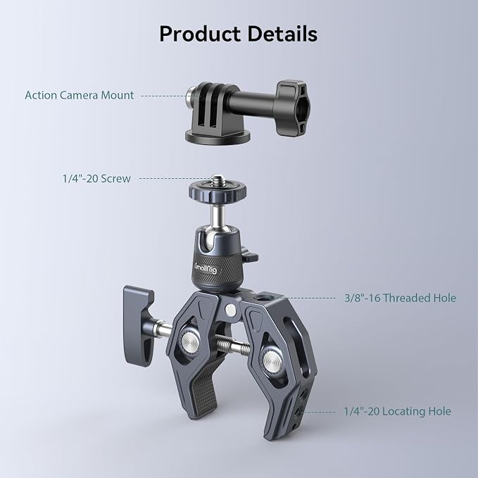 SMALLRIG Camera Mount Clamp, Gopro Motorcycle and Bike Handlebar Mount Kit, Super Clamp for DSLR, Action Camera, Gopro, Insta360, LED Light, Monitor, Max Load 3.5KG - Image 6