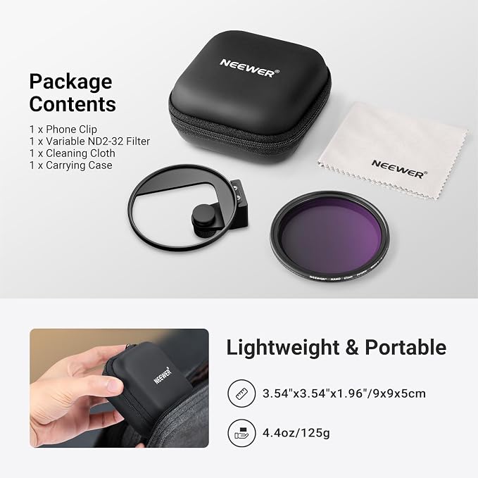 NEEWER 67mm Variable ND Filter & Threaded Phone Clip Set, Adjustable ND2-32 HD Neutral Density Mobile Photography Accessories, Compatible with iPhone 17 Pro Max Samsung S26 Ultra - Image 9