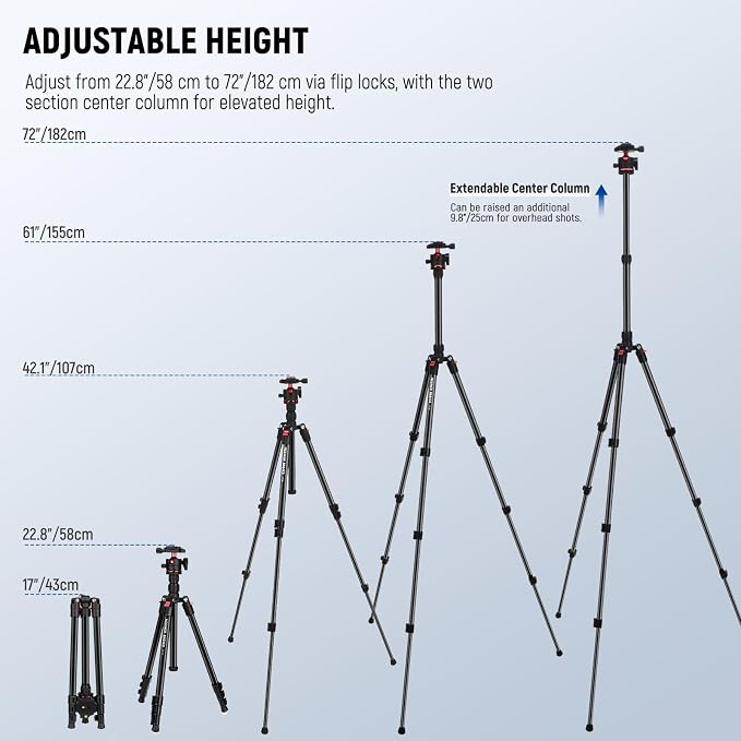 NEEWER Basics Travel Tripod for Camera, 72" Compact Lightweight Portable DSLR Stand, Ball Head, Arca Type QR Plate, Cell Phone Holder Compatible with iPhone Video Recording, Max Load 13.2 lbs, TP14 - Image 3
