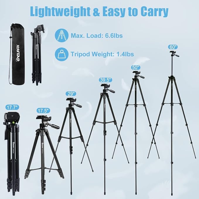 Endurax 60'' Camera Tripod Camera Stand for Canon Rebel Eos Nikon DSLR, Travel Tripods for Phone Tablet with Remote Black | Tripod Stand for Canon/Nikon/Sony DSLR；360° Pan head, Quick-Release & Bubble Level；Lightweight Aluminum with Carry Bag - Image 6