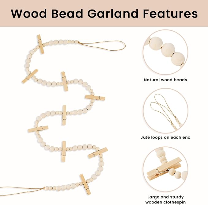 KLOGTSIND Hanging Photo Display, Boho Wood Bead Garland Wall Decor | Photo Banner with 9 Wooden Clips for Bedroom, Living Room, Office, Dorm Decor, Pictures Postcards Holder Teen Girl Gifts - Image 5