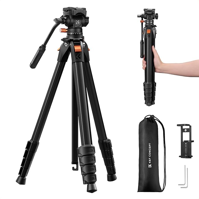 K&F CONCEPT 73" Camera Tripod with Fluid Head | Aluminum Travel Tripod, Smooth Pan/Tilt for DSLR/Mirrorless/Camcorder, Max Load 6.6lb, A305A3+FH-04 by KFCONCEPT