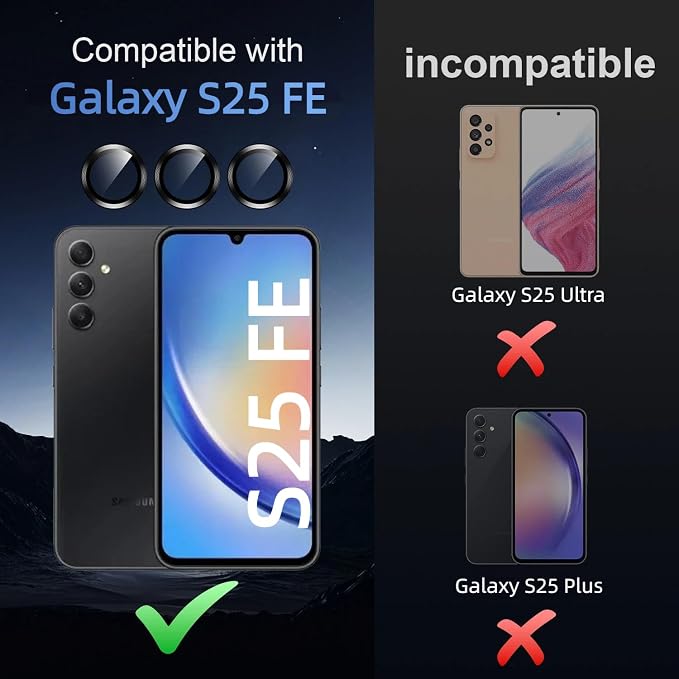 Korecase for Galaxy S25 FE Camera Lens Protector, 9H Tempered Glass Anti Scratch Camera Screen Protector Film Shcokproof Metal Ring Lens Protector for Galaxy S25FE (Black) - Image 2