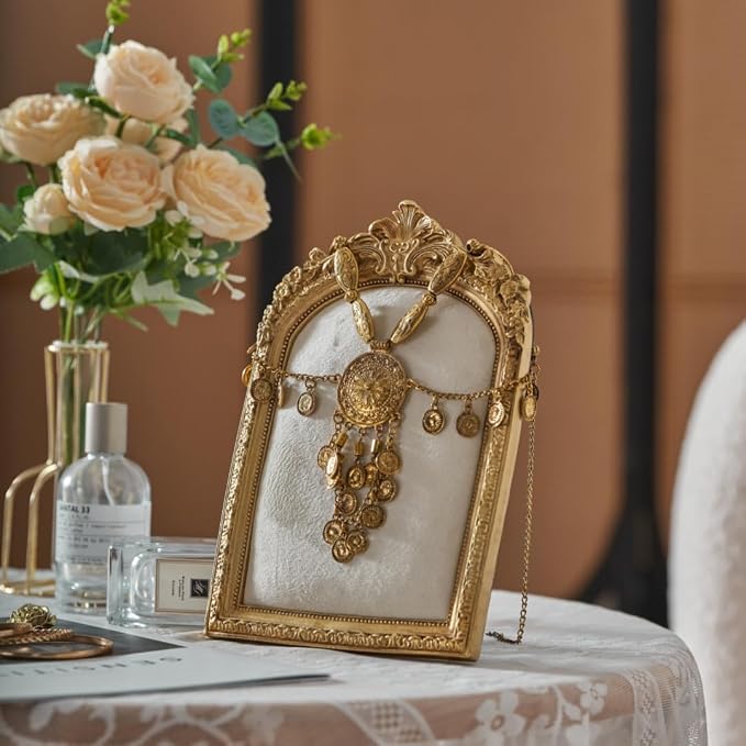 HSDDHOME 10.4"*7" gold Jewelry Display Stand Photo Frame, Resin Vintage Earring Stand, Velvet Necklace Storage Stand, Elegant Decoration for Jewelry and Collectibles-1pack - Image 5