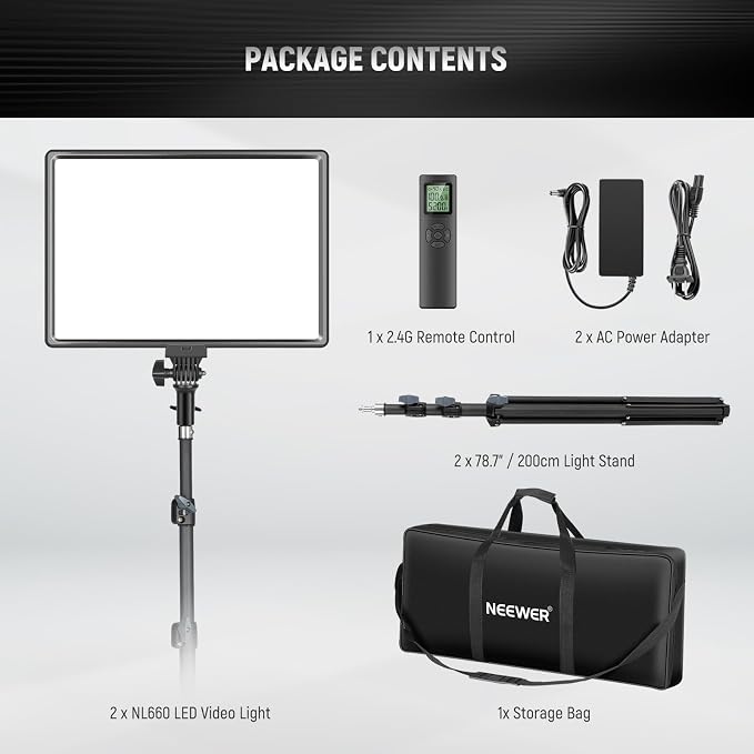 NEEWER 18" LED Video Light Panel Key Lighting Kit with Remote, 2 Pack, 45W | Dimmable Bi Color, Tripod Stand, 3200K-5600K, Soft Light, CRI97+ 4800Lux for Game Streaming Studio Photography Recording - Image 8
