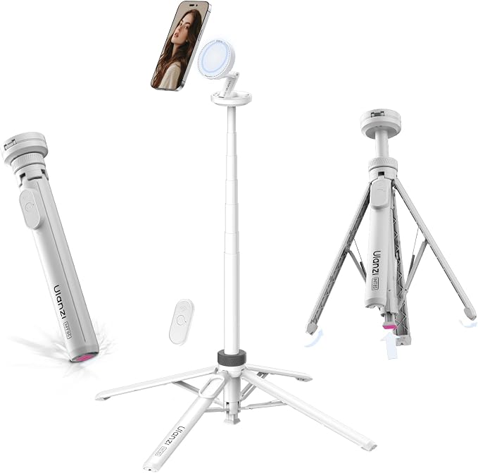 ULANZI Magnetic Phone Tripod 60'' Selfie Stick Auto Open Extendable Stand | Auto Open Tripod, N52 Magnet for Magsafe iPhone Mount, 360° Adjustment Aluminum, Creator Vlog Travel Desk Outdoor Use, White by ulanzi
