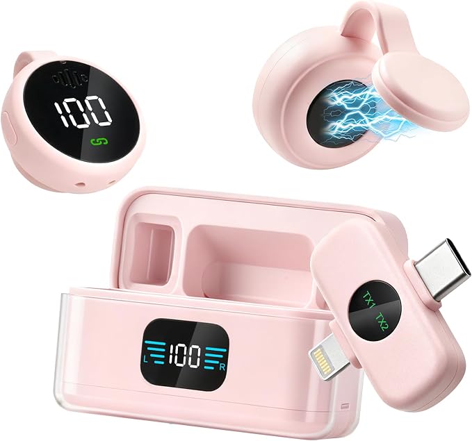 Wireless Microphone for iPhone & USB C Android, AI Noise Canceling Lapel Mic with Charging Case Magnetic Clip LCD Display DSP Chip Lavalier Mini Microphone for Vlogging Tiktok Live Stream YouTube Pink by APOMOV