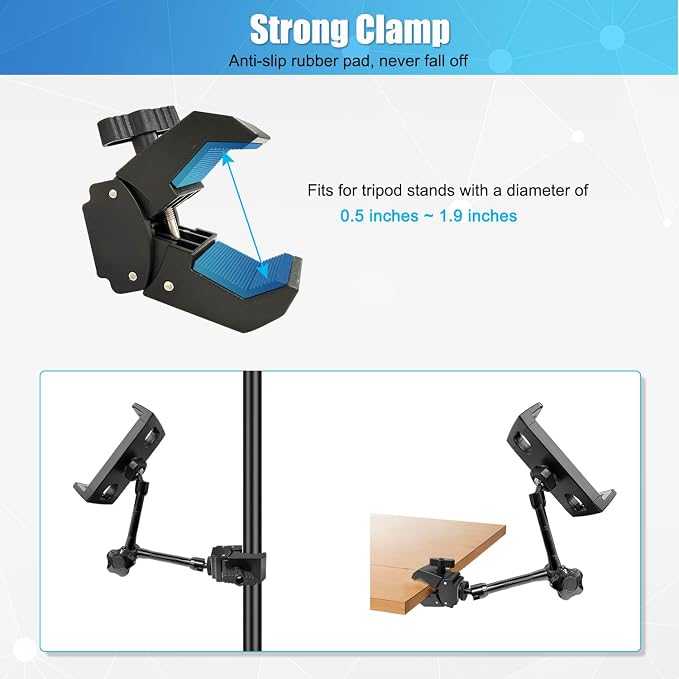 JCWINY Tablet Holder for Mic Stand, Adjustable iPad Mic Stand Mount, Tablet Holder with Clamp Mount for Pole Desk Kitchen Cabinet, Compatible with 4.7 to 12.9" iPad, iPhone, Android Smartphones - Image 4