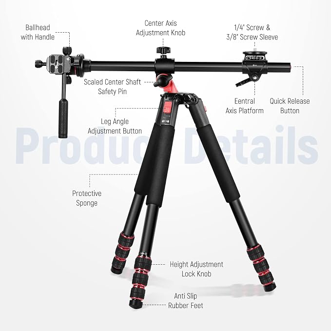 NEEWER 73.6" Horizontal Tripod with Multi Angle Center Column, Ball Head & Central Axis Platform, Heavy Duty Aluminum Camera Tripod Monopod 360° Pan 180° Tilt for Overhead/Macro Shots, Max Load 22lb - Image 2