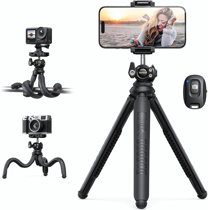 Lamicall Tripod for iPhone with Wireless Remote 8-Strand Aluminum Core | Flexible Silicone Legs, Heavy-Duty Phone Stand with 1/4'' Screw & Cold Shoe for iPhone Pocket 3/4 Samsung GoPro DSLR Camera by Lamicall