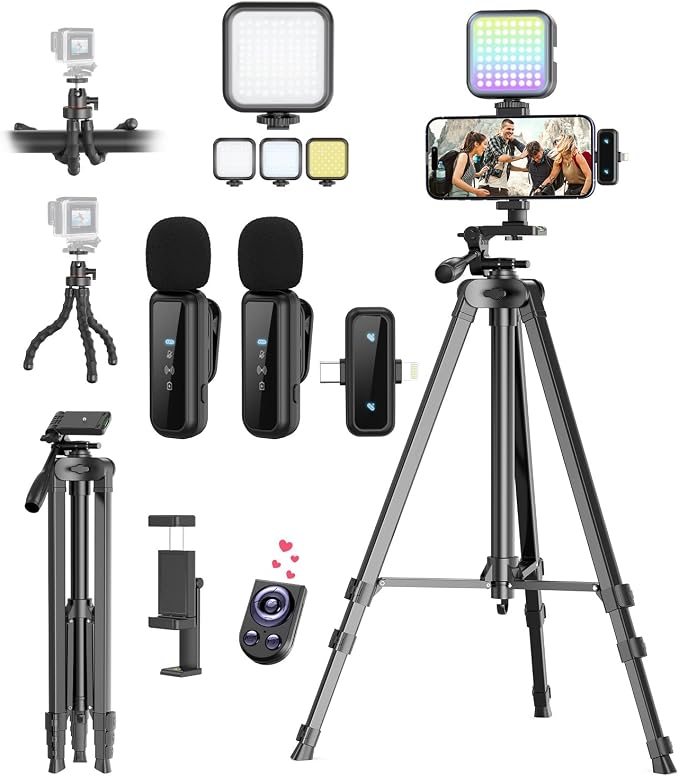 Vlogging Kit for iPhone/Android, YouTube Starter Kit with Wireless Microphone/Camera Tripod/Flexible Tripod/RGB Fill Light, Content Creator Essentials Kits for TikTok Vlog Video Recording by YEAKI