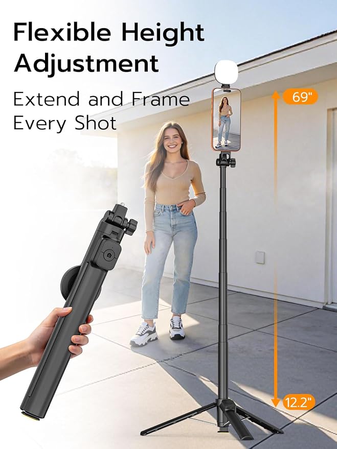 69" Magnetic Tripod for iPhone w/Magnetic Light &Remote MPT-04 | Compatible with MagSafe, For iPhone & Android, Magnetic Ring Attached, Auto-Open Phone Holder, Remote Control, 360° Rotation - Image 6