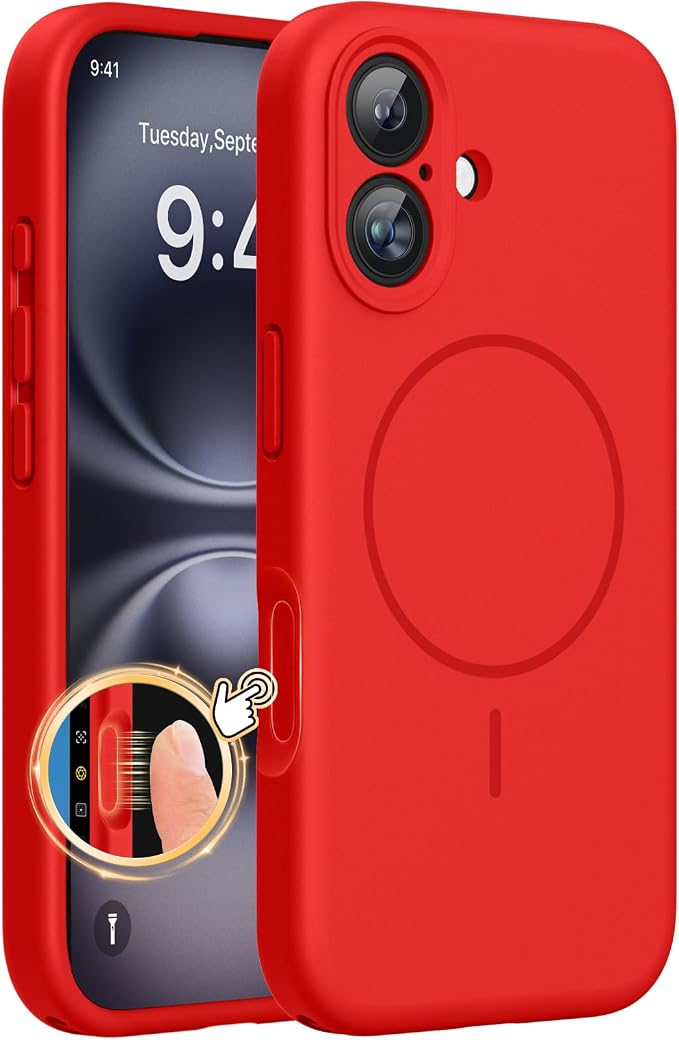 Miracase Silicone & Magnetic for iPhone 16 Case, Red | Compatible with MagSafe, Anti-Scratch Microfiber Lining, Liquid Silicone Case Shockproof Drop Protection Phone Case for 16 by Miracase