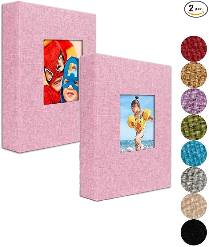 GPIRAL Small Photo Album 4x6 – Clear Pages, Linen Cover with Front Window, Pack of 2, Each Small Album Holds 52 Photos, Small Brag Book Photo Album for 4x6 Photos, Pink Fabric by GPIRAL