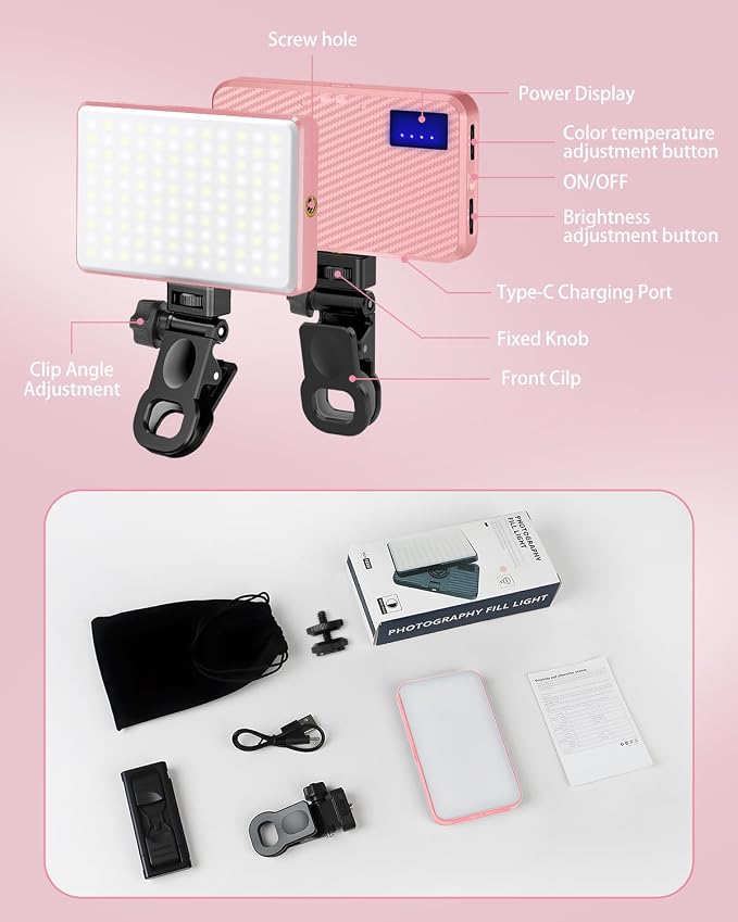 168 LED Selfie Light for iPhone, Phone Light, 3000mah Rechargeable Picture Light Clip Portable Lights for Phone, Camera, Laptop, iPad, 3 Lights Modes for Makeup, Video Conference, TikTok, Vlog (Pink) - Image 9