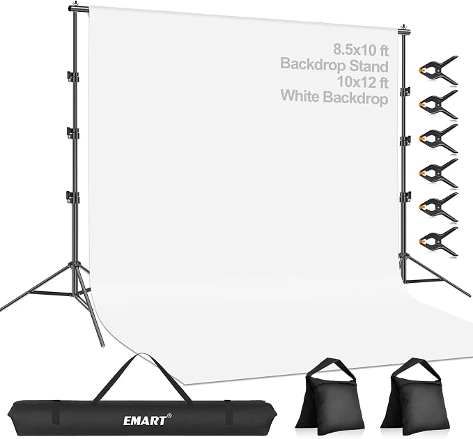 EMART 8.5x10 FT Photo Backdrop Stand Kit with 10x12FT White Backdrop | Background Stand Backdrop-White, 6Clamps, 2Sandbags for Photography Studio, Video Recording, Live Stream, Zoom, Portrait, Pet by EMART