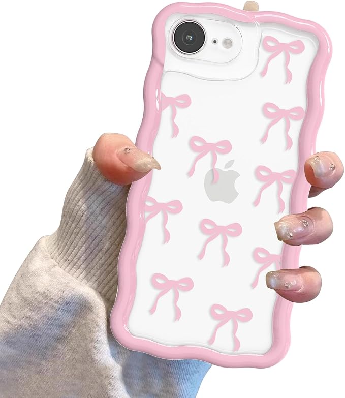 QLTYPRI for iPhone 17e/16e Pink Bow Case, Clear Cute Pink Ribbon Bow Phone Case Curly Wavy Aesthetic Phone Cover, Soft Slim Transparent TPU Shockproof Protective Cover for Women Girls - Ribbon Bow - Image 7