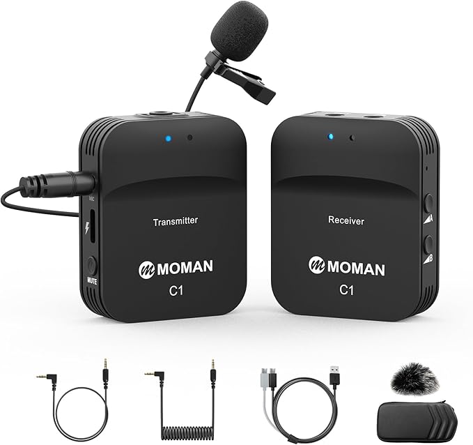 Moman Wireless Lavalier Microphone, 2.4GHz Compact Wireless Lapel Mic System with Noise Cancellation Transmission 8H Battery Life for DSLR Cameras/Smartphone/Tablet/Live Streaming (C1 Solo) by Moman