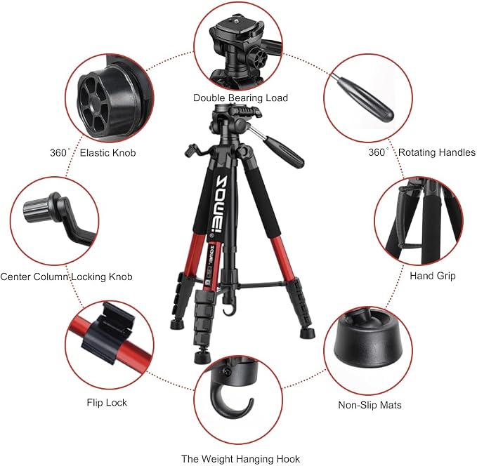 Camera Tripod, 74" Tripod for Camera Stand, Heavy Duty Tripod with Travel Bag for Projectors, Lasers, DSLR, Webcam, Aluminum Phone Tripod for Video Recording Photo Vlogging(Red) - Image 3