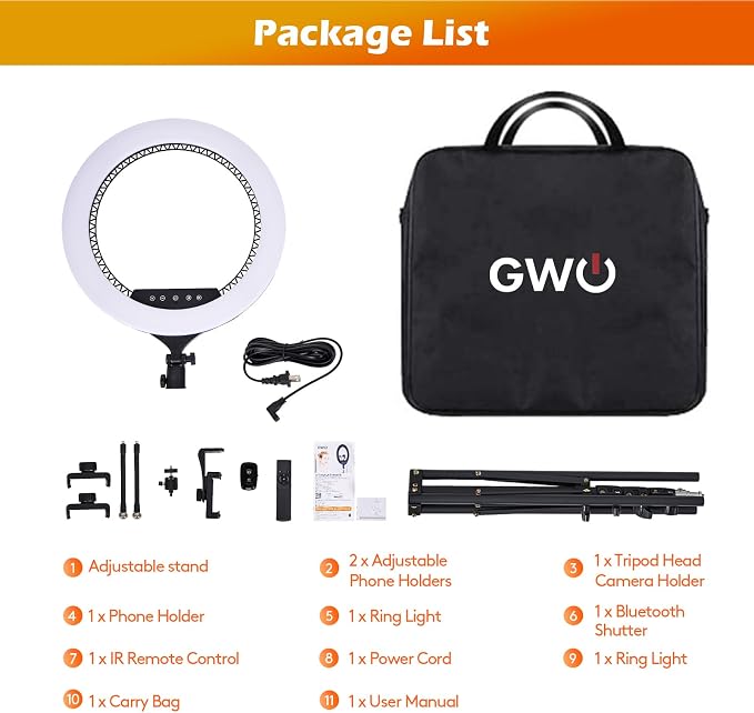 GWO 18 inch LED Ring Light with Tripod Stand 6000K Dimmable Makeup Selfie Light with Touch Panel Phone Holders for YouTube Vlog Video Shooting Include Carrying Bag and Remote Control CRI>90 - Image 7