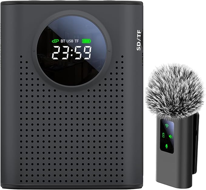 S67 Rechargeable Voice Amplifier Wireless Microphone for Teachers Classroom, Mini Lavalier Lapel Mic Clip Magnetic, Portable Bluetooth Speaker with LED Display for Class, Tour Guide, Black by ZERFUN