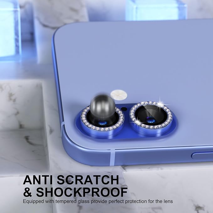 Choiche for iPhone 16/16 Plus Camera Lens Protector, Diamond-Ultramarine | Ultra HD, Bling 9H Tempered Glass Camera Cover Screen Protector Metal Individual Ring Accessories, 2-Lens, 6.1/6.7-inch - Image 3