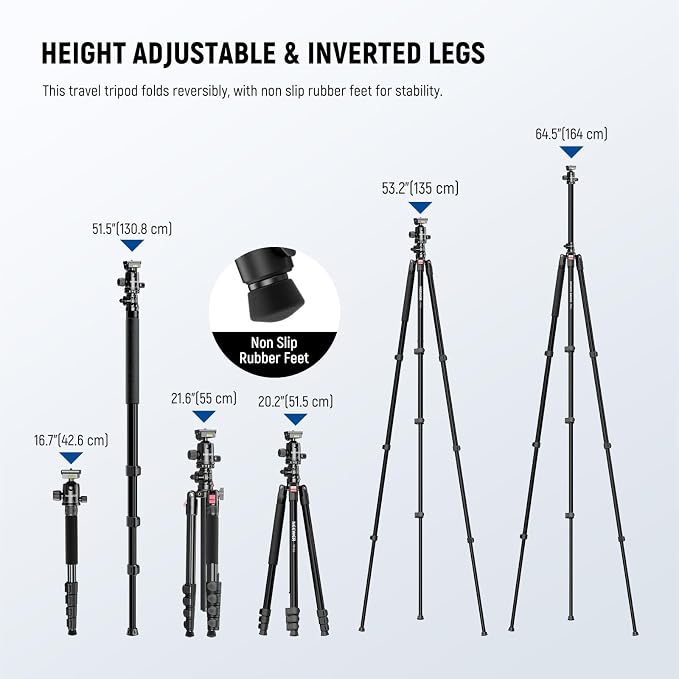 NEEWER Basics 64.5" Horizontal Overhead Tripod with Ball Head/Cell Phone Holder Compatible with iPhone Video Recording, Aluminum Travel Stand Camera Monopod, 360° Pan 180° Tilt 22lb/10kg Load, TP66 - Image 3