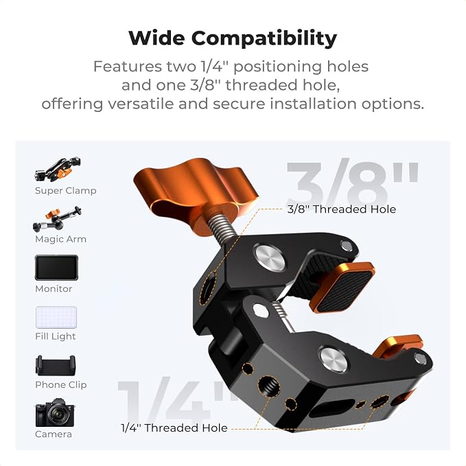 K&F CONCEPT Camera Mount Clamp, Super Crab Clamp Rotatable Clamping Block | 1/4" and 3/8" Thread Holes for Round Pipe Flat Surface, Camera Mounts, and Other Photographic Accessories, MS65 - Image 3