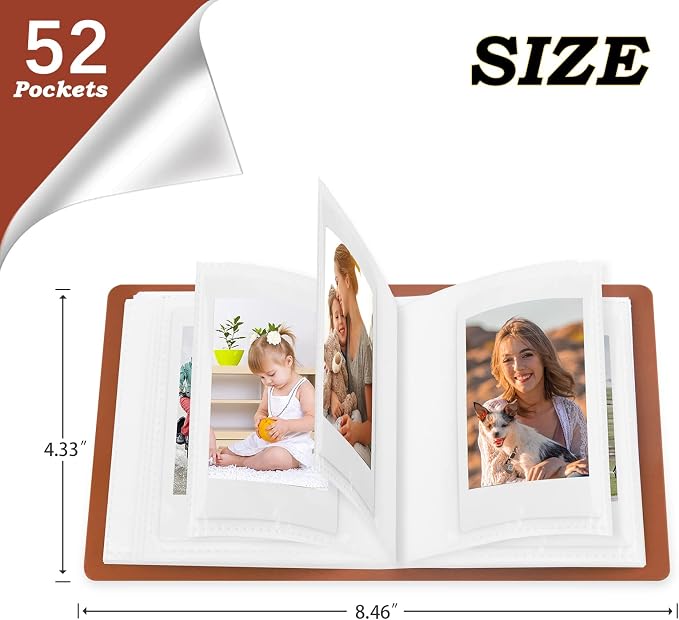 Ruibytree 52 Pockets Small Photo Album 2x3 for Instax Mini, Brown, 1 Pack | Pocket-Size, PU Leather Cover, Snap Closure, Acid-Free Pages, Fits Polaroid 2x3 Photos, Kodak Mini Prints & ZINK Photos - Image 4