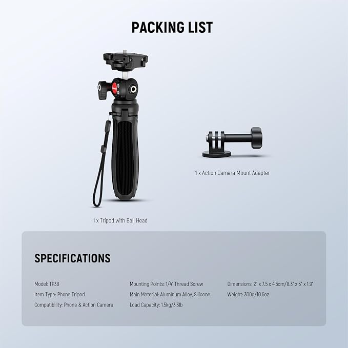 NEEWER TP38 Phone Camera Tripod, 15" Extendable Selfie Stick Metal Stand | Phone Holder, Action Camera Adapter, Compatible with Hero 13 12 11 10 9, 360° Ball Head Travel Tripod for Vlogging - Image 9