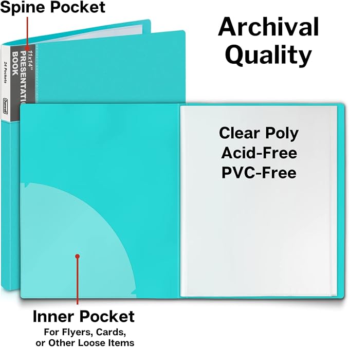 Dunwell 11x14 Art Portfolio Binder, 24 Pockets, Acid-Free, Aqua | Clear Plastic Sleeves, Presentation Book, For Documents, Certificates & School Artwork - Image 4