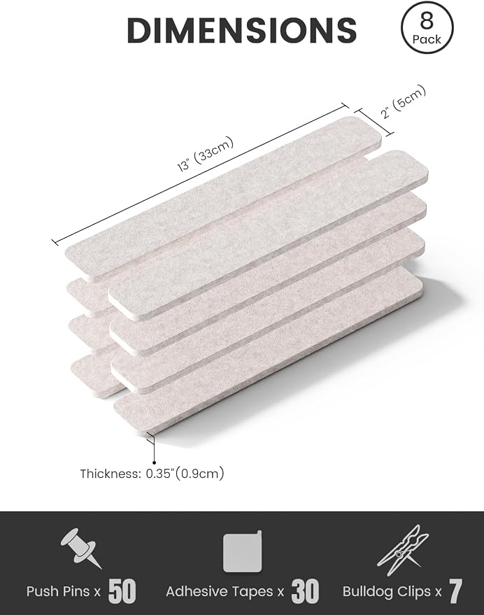 Fluxynara 13" x 2" Felt Wall Panels, Oatmeal | 8-Pack Includes 50 Push Pins and Adhesive Tabs for Photos, Notes and Decor in Bedroom Doors, Home Office or Studios - Image 2